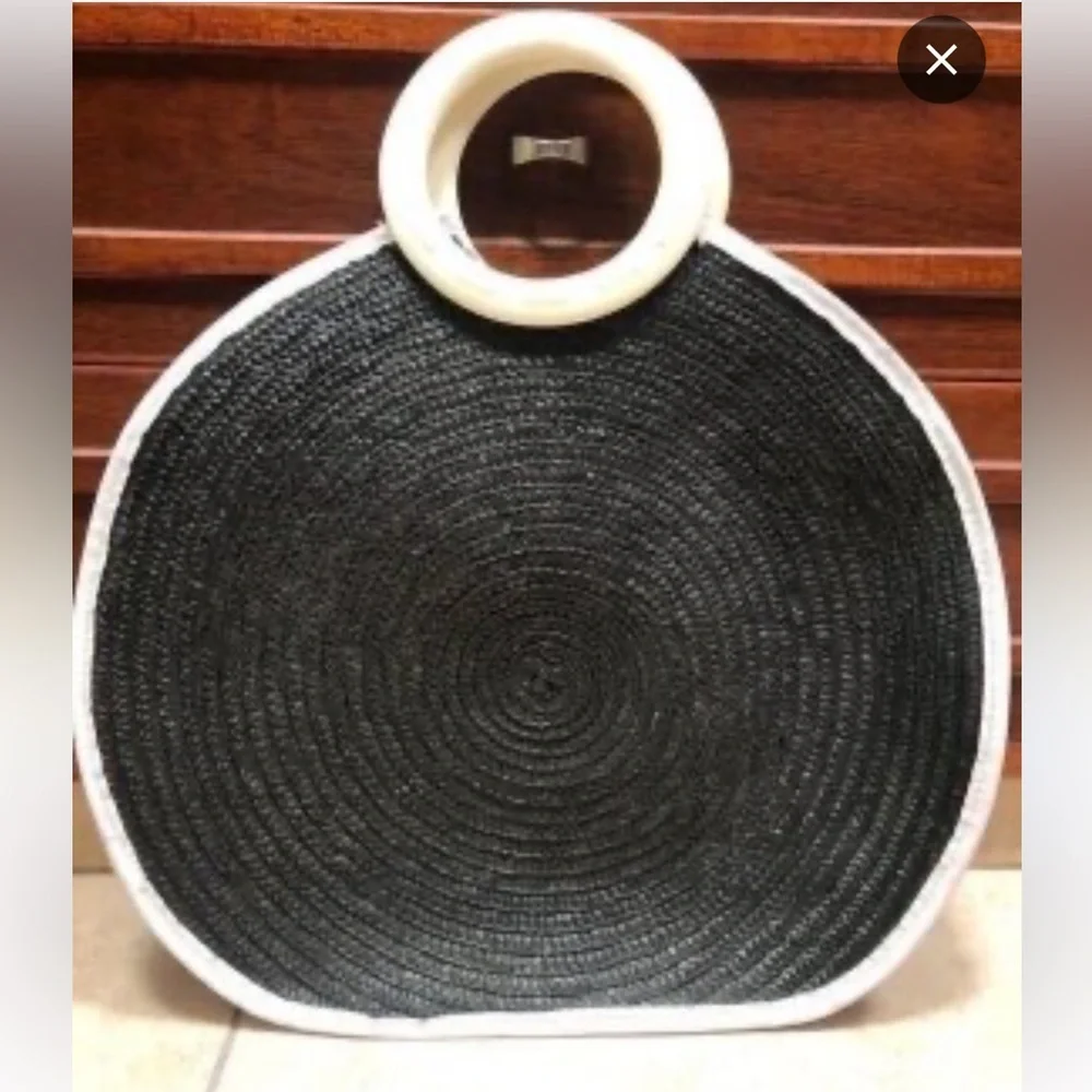 Cache Black Chic Summer Bag  Woven Tote with White‎ Trim and Handle